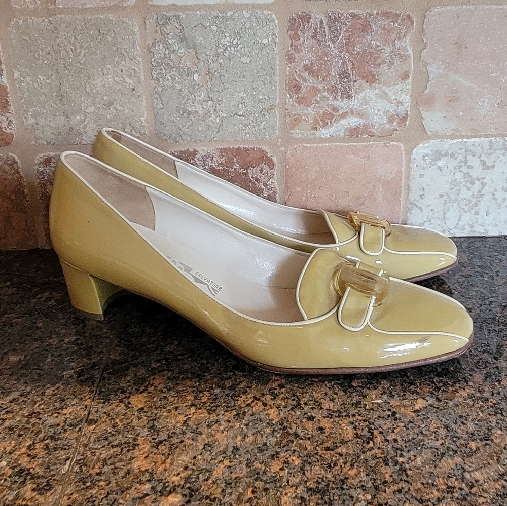 Salvatore Ferragamo Patent Leather Heels in Mustard Yellow with Buckle